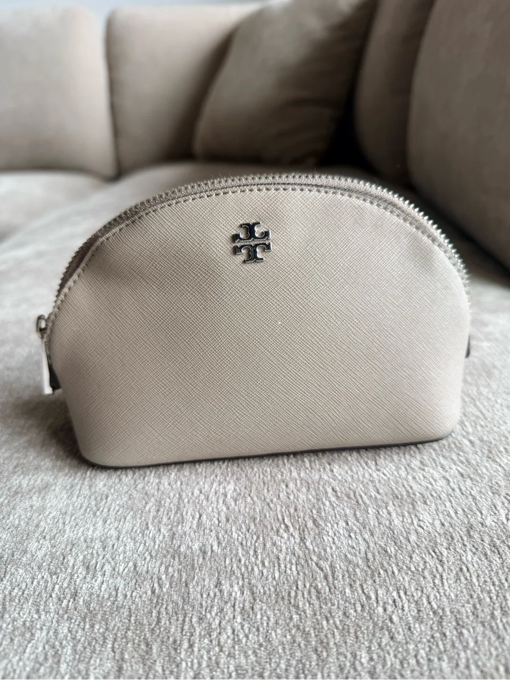 Tory Burch Gray Saffiano Leather Dome Cosmetic Pouch
